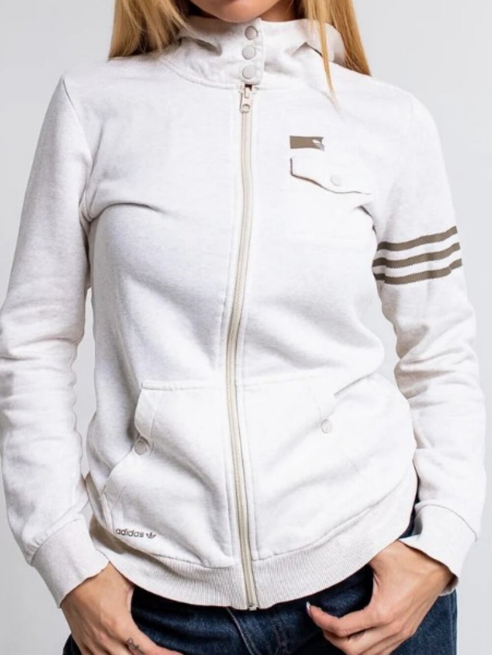 adidas Women's Light Gray Full-Zip Hoodie with Stripes
